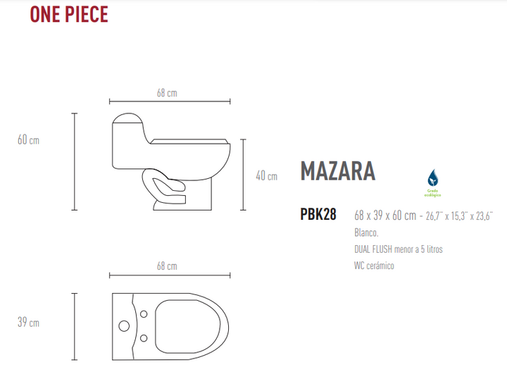 Comprar WC ONE PIECE MAZARA (PBK28) BLANCO ECOLOGICO. Pisos y azulejos en México