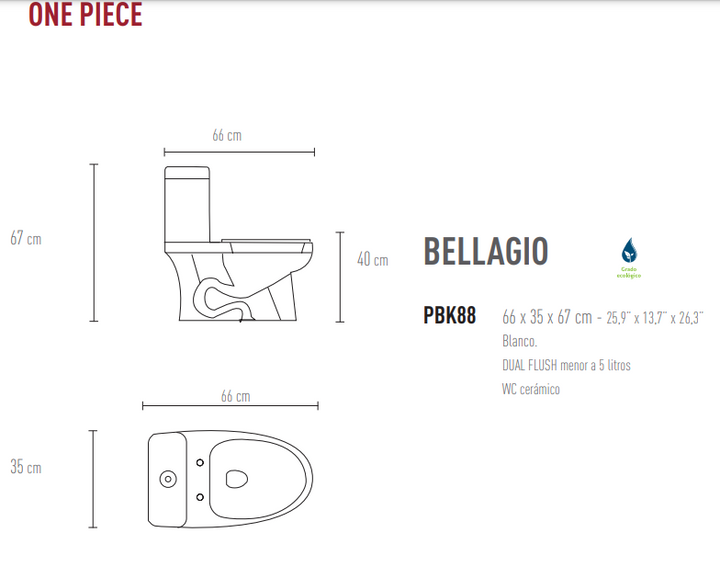 Comprar WC ONE PIECE (PBK88) BELLAGIO BLANCO ECOLOGICO. Pisos y azulejos en México